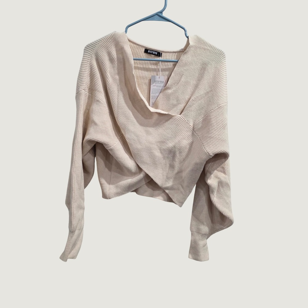 BTFBM Womens Ribbed Knit Wrap Front V Neck Cropped Sweater Cream Beige Small NWT